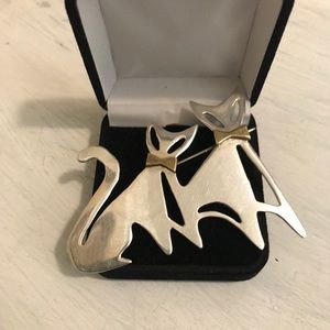 Vintage sterling 2 Cats Pin Brooch